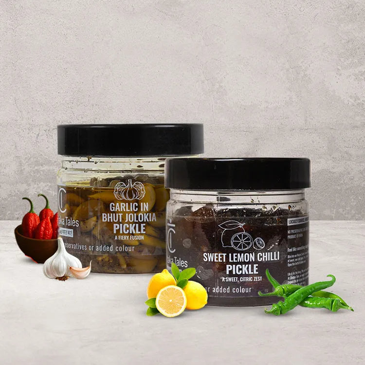 Garlic in Bhut Jolokia Pickle + Sweet Lemon Chilli Pickle image 0
